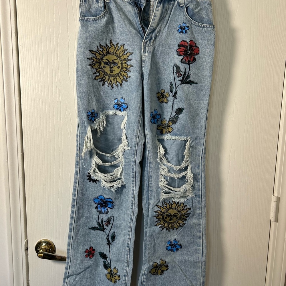 Embroidered Floral Light Blue Jeans